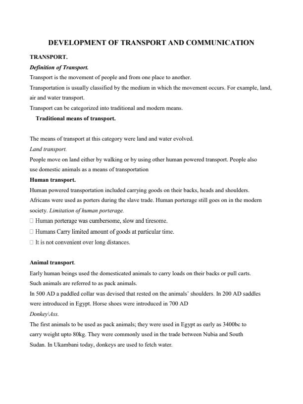 Page 1 – Notes on Development of Transport and Communication: Form 2 History and Government – Kenyaplex