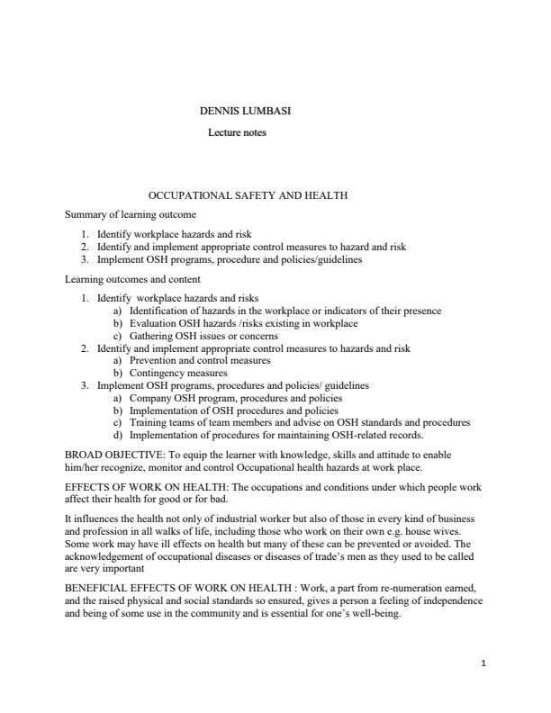 Page 1 – Occupational Safety and Health Level 4, 5, and 6 Notes – Kenyaplex