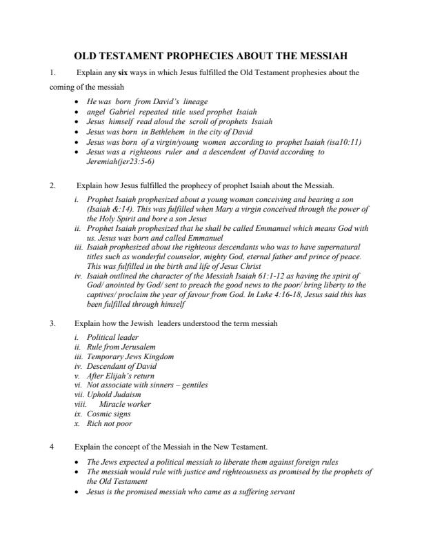 Page 1 – Old Testament Prophecies About The Messiah Topical Questions and Answers: Form 2 CRE – Kenyaplex