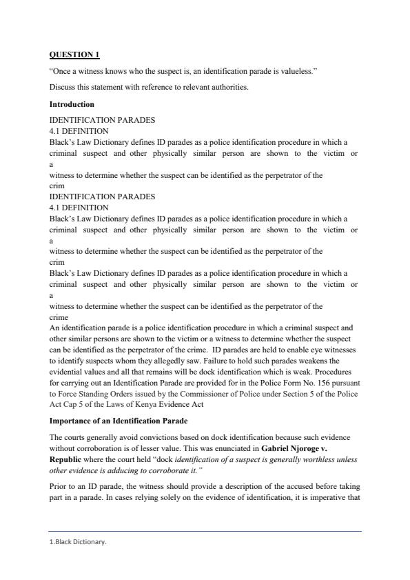 Page 1 – Once a witness knows who the suspect is, an identification parade is valueless – Kenyaplex