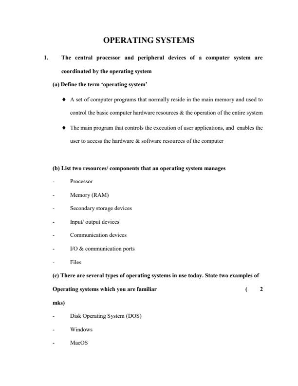 Page 1 – Operating Systems Topical Questions and Answers: Form 1 Computer Studies – Kenyaplex