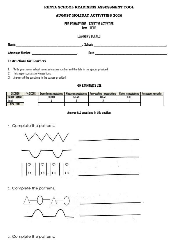Page 1 – PP1 Creative Activities August 2026 Holiday Assignment – Kenyaplex