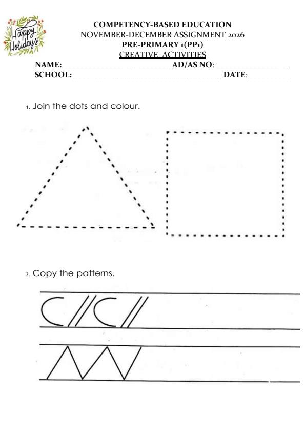 Page 1 – PP1 Creative Activities December 2026 Holiday Assignment – Kenyaplex