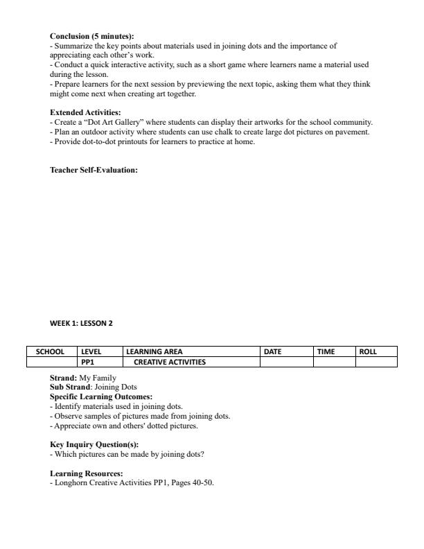 Page 2 – PP1 Creative Activities Lesson Plans Term 2 - Longhorn – Kenyaplex