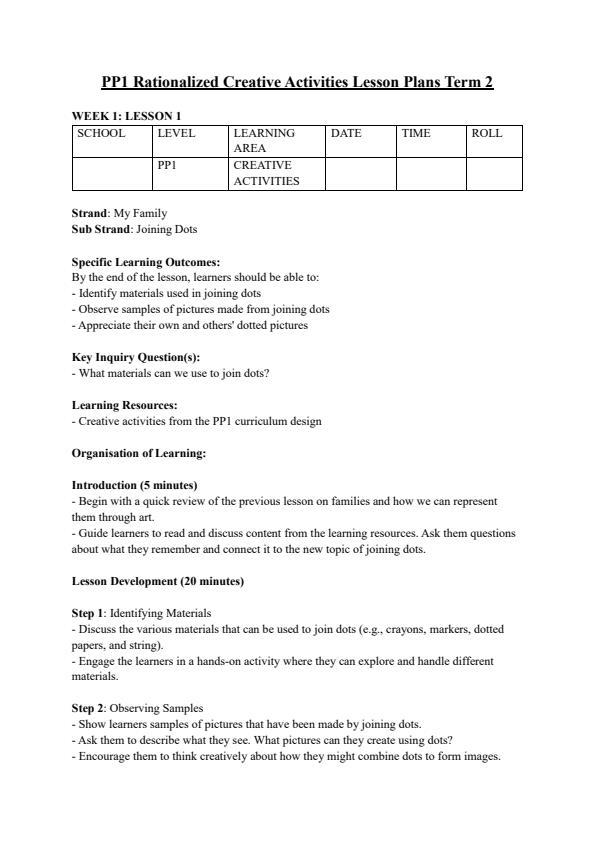 Page 1 – PP1 Creative Activities Lesson Plans Term 2 - Rationalized – Kenyaplex