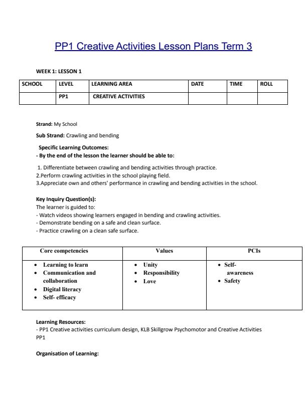 Page 1 – PP1 Creative Activities Lesson Plans Term 3 - KLB Skillgrow – Kenyaplex