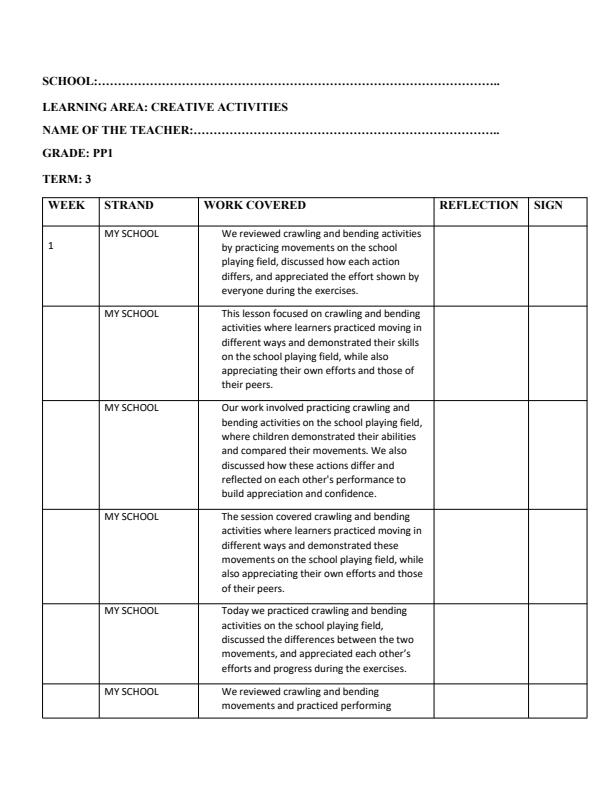 Page 1 – PP1 Creative Activities Records of work Term 3 - KLB  – Kenyaplex