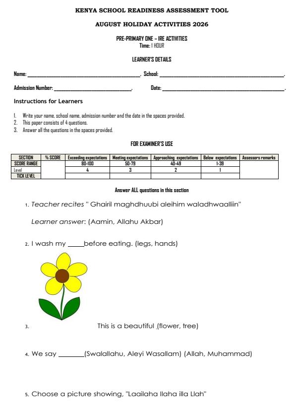 Page 1 – PP1 Islamic Religious Education Activities August 2026 Holiday Assignment – Kenyaplex