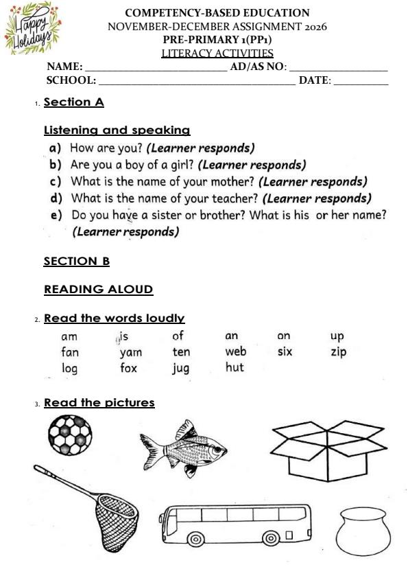 Page 1 – PP1 Literacy Activities December 2026 Holiday Assignment – Kenyaplex