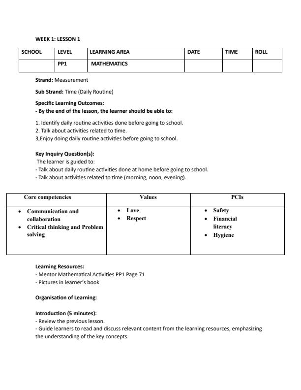 Page 1 – PP1 Mathematics Activities Lesson Plans Term 3 - Mentor – Kenyaplex