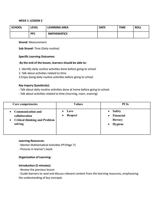 Page 3 – PP1 Mathematics Activities Lesson Plans Term 3 - Mentor – Kenyaplex