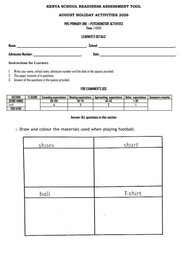 Page 1 – PP1 Psychomotor Activities August 2026 Holiday Assignment – Kenyaplex