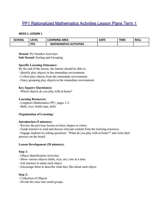 Page 1 – PP1 Rationalized Mathematics Activities Lesson Plans Term 1 – Kenyaplex