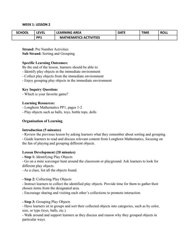 Page 3 – PP1 Rationalized Mathematics Activities Lesson Plans Term 1 – Kenyaplex