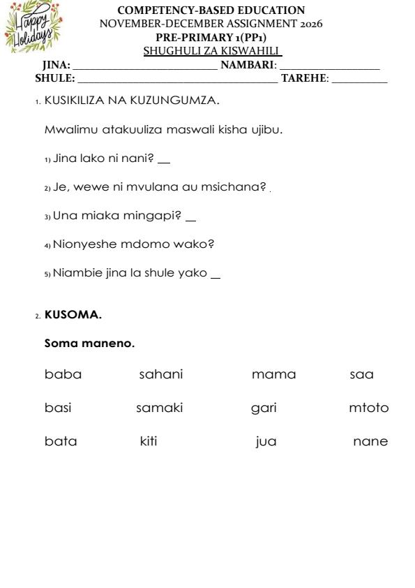 Page 1 – PP1 Shughuli za Kiswahili December 2026 Holiday Assignment – Kenyaplex