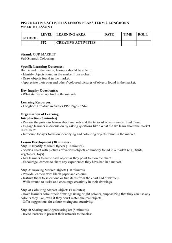 Page 1 – PP2 Creative Activities Lesson Plans Term 2 - Longhorn – Kenyaplex