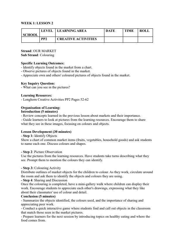 Page 3 – PP2 Creative Activities Lesson Plans Term 2 - Longhorn – Kenyaplex