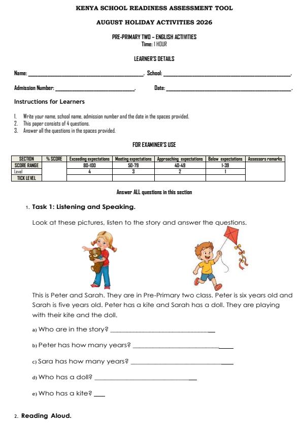 Page 1 – PP2 English Activities August 2026 Holiday Assignment – Kenyaplex