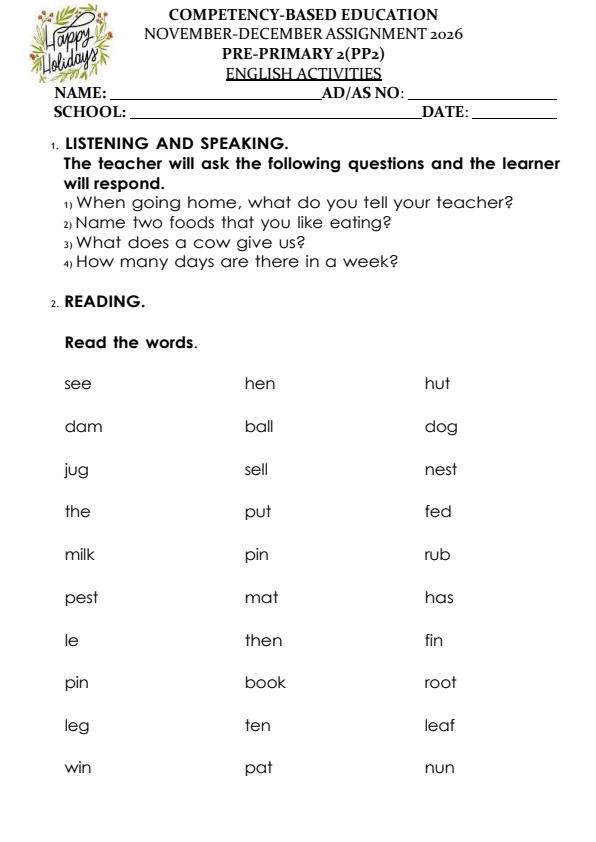 Page 1 – PP2 English December 2026 Holiday Assignment – Kenyaplex