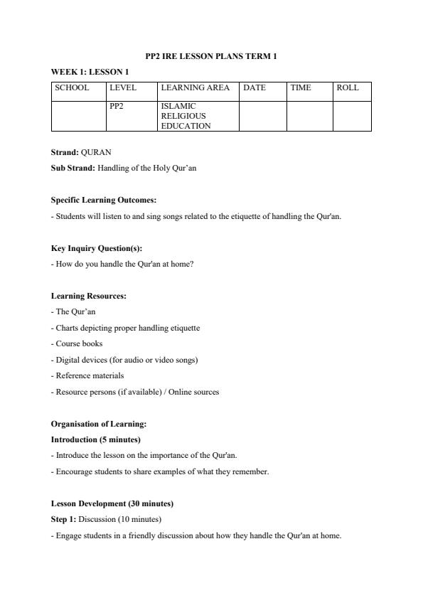 Page 1 – PP2 IRE Lesson Plans Term 1 – Kenyaplex