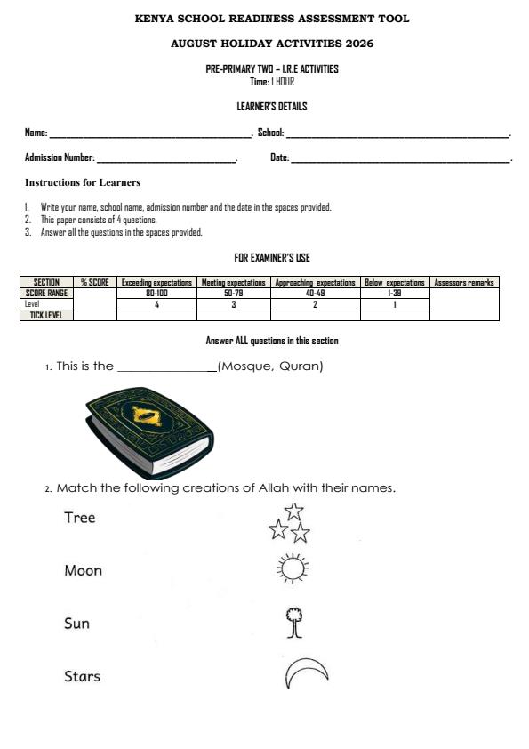 Page 1 – PP2 Islamic Religious Education Activities August 2026 Holiday Assignment – Kenyaplex
