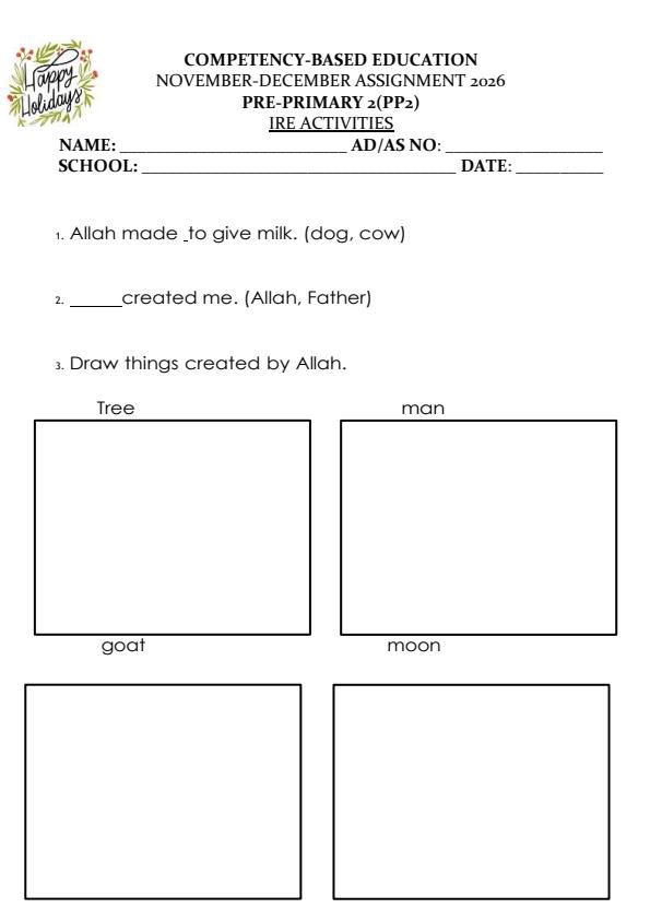 Page 1 – PP2 Islamic Religious Education December 2026 Holiday Assignment – Kenyaplex