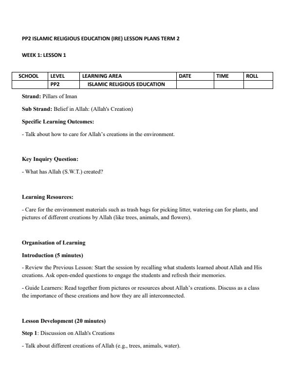 Page 1 – PP2 Islamic Religious Education (IRE) Lesson Plans Term 2 – Kenyaplex