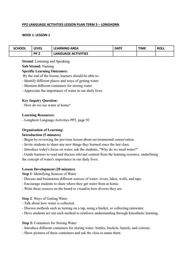 Page 1 – PP2 Language Activities Lesson Plans Term 3 - Longhorn – Kenyaplex