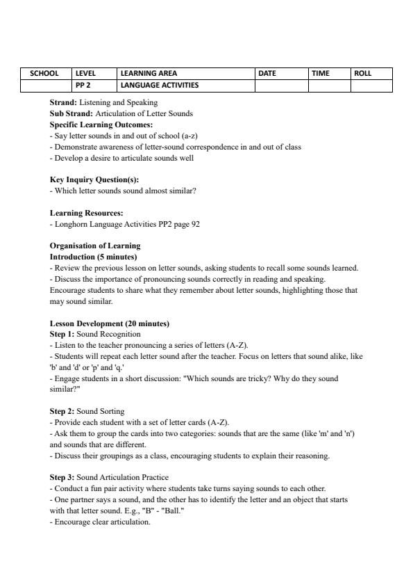 Page 3 – PP2 Language Activities Lesson Plans Term 3 - Longhorn – Kenyaplex