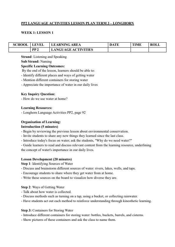 Page 1 – PP2 Language Activities Lesson Plans Term 3 - Longhorn – Kenyaplex