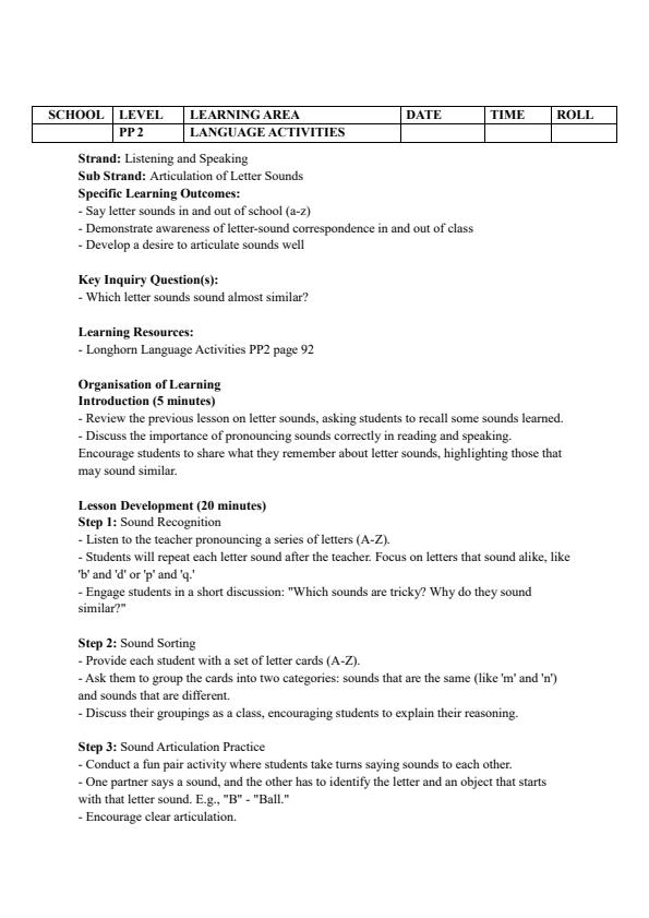 Page 3 – PP2 Language Activities Lesson Plans Term 3 - Longhorn – Kenyaplex