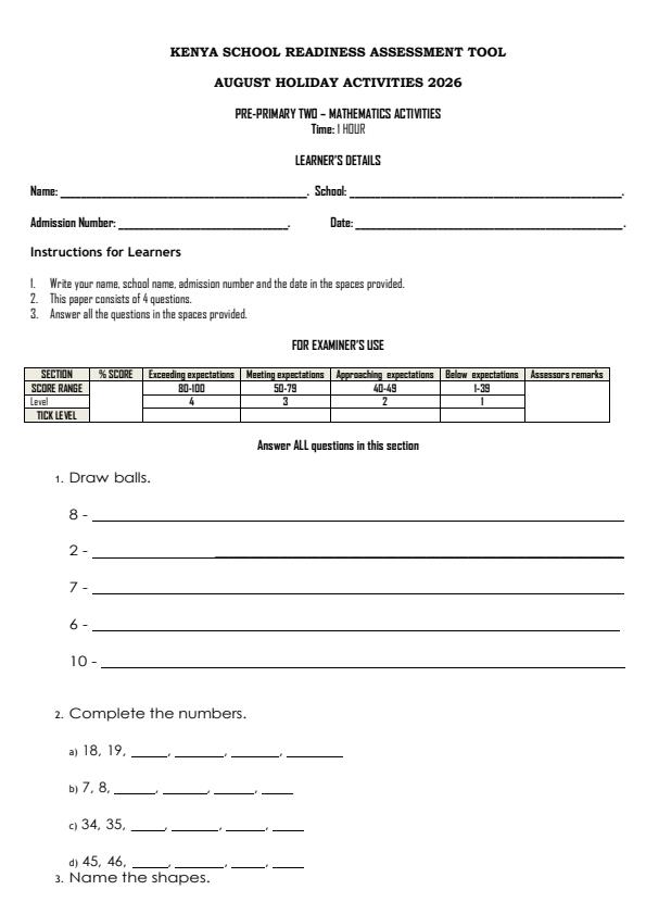 Page 1 – PP2 Mathematics Activities August 2026 Holiday Assignment – Kenyaplex