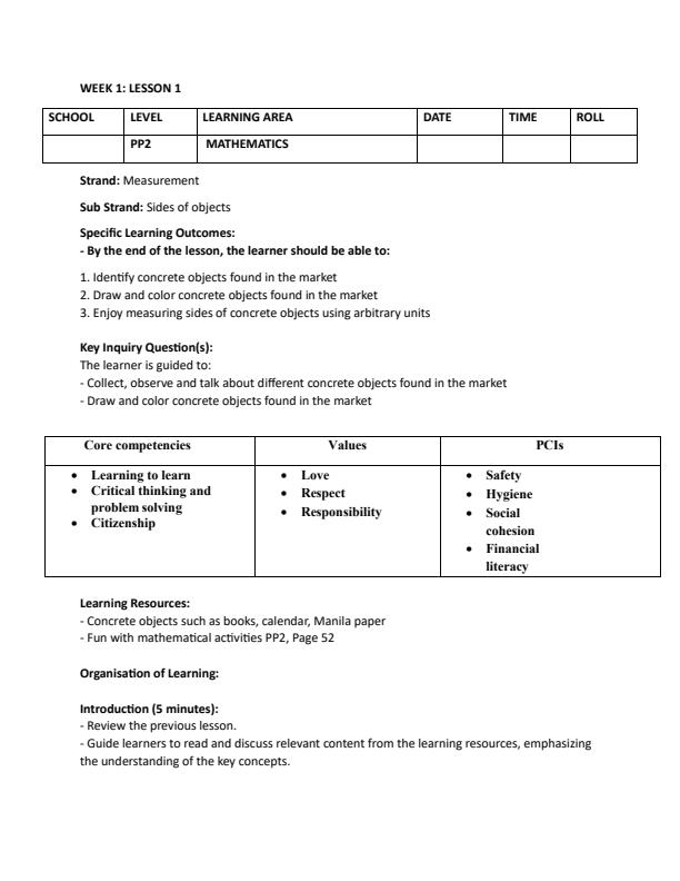 Page 1 – PP2 Mathematics Activities Lesson Plans Term 3 – Kenyaplex