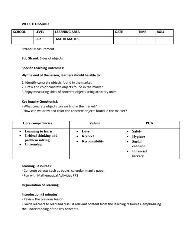 Page 3 – PP2 Mathematics Activities Lesson Plans Term 3 – Kenyaplex