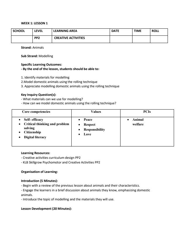 Page 1 – PP2  Rationalized Creative Activities Lesson Plans Term 3 - Skillgrow – Kenyaplex