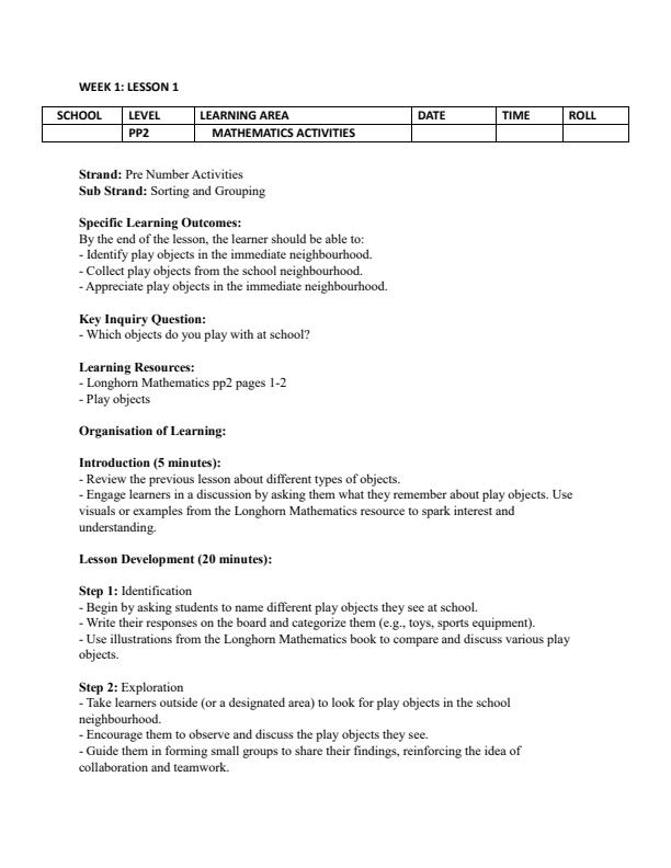 Page 1 – PP2 Rationalized Mathematics Activities Lesson Plans Term 1 – Kenyaplex