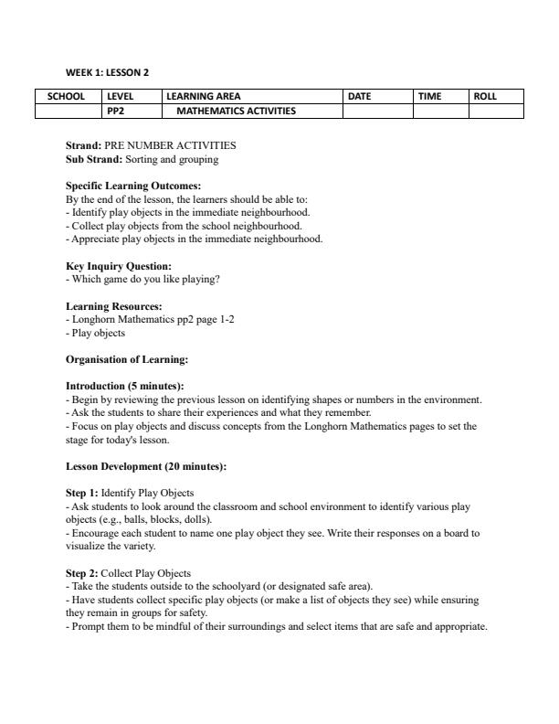 Page 3 – PP2 Rationalized Mathematics Activities Lesson Plans Term 1 – Kenyaplex