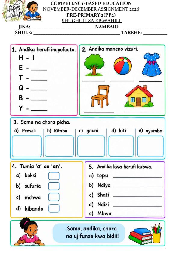 Page 1 – PP2 Shughuli za Kiswahili December 2026 Holiday Assignment – Kenyaplex
