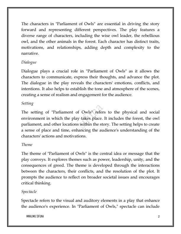 Page 1 – Parliament of Owls Sample Essay Questions and answers (10 Essays) – Kenyaplex