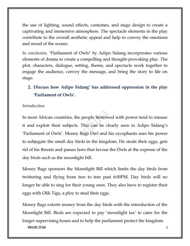 Page 2 – Parliament of Owls Sample Essay Questions and answers (10 Essays) – Kenyaplex