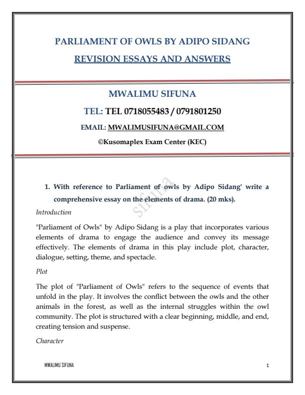 Page 1 – Parliament of Owls 10 essays with answers  – Kenyaplex