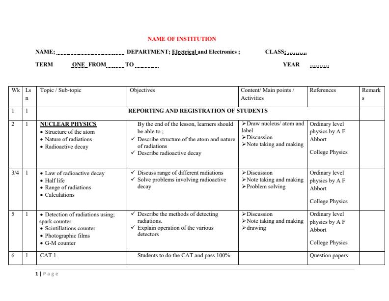 Page 1 – Physical Science Schemes of Work Term 1 to Term 3 for Diploma in Electrical and Electronics Engineering Module 1 – Kenyaplex