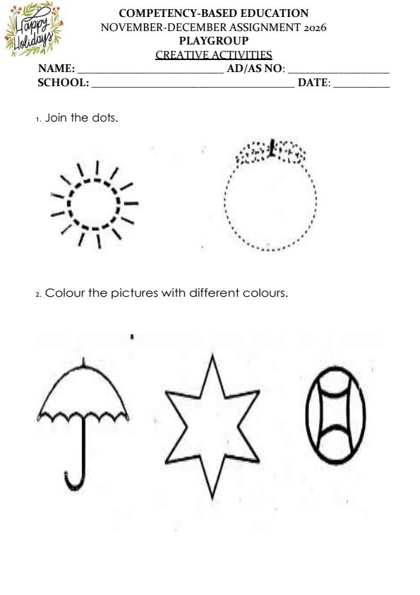 Page 1 – Playgroup Creative Activities December 2026 Holiday Assignment – Kenyaplex