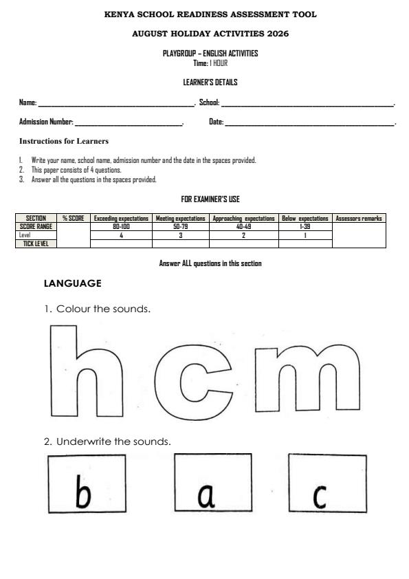 Page 1 – Playgroup English Activities August 2026 Holiday Asignment – Kenyaplex