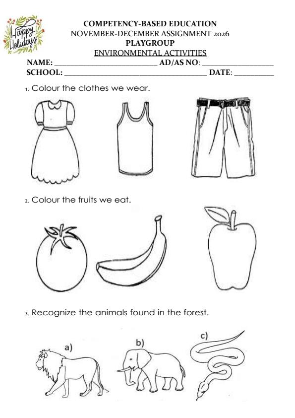 Page 1 – Playgroup Environmental Activities December 2026 Holiday Assignment – Kenyaplex
