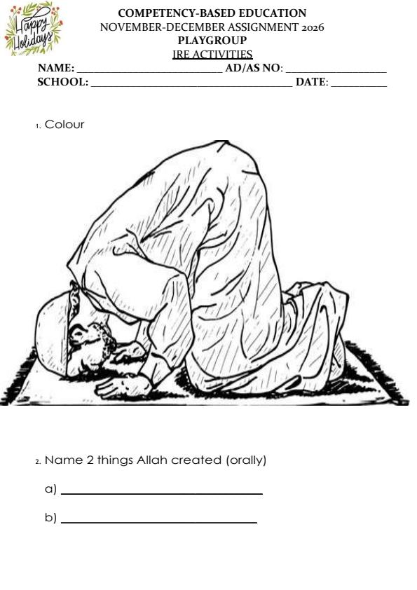 Page 1 – Playgroup Islamic Religious Education December 2026 Holiday Assignment – Kenyaplex