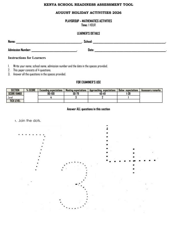 Page 1 – Playgroup Mathematics Activities August 2026 Holiday Assignment – Kenyaplex