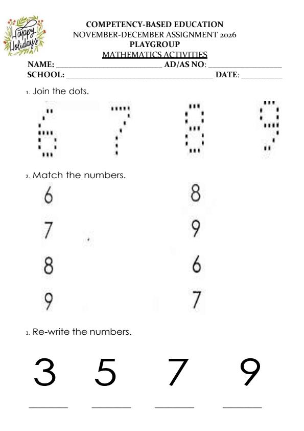 Page 1 – Playgroup Mathematics December 2026 Holiday Assignment – Kenyaplex