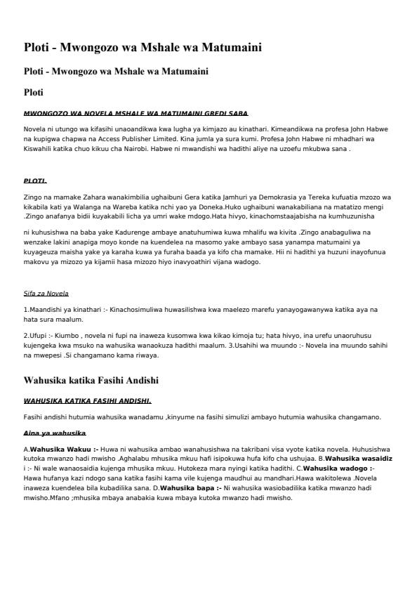Page 1 – Ploti ya Novela Mshale wa Matumaini – Kenyaplex