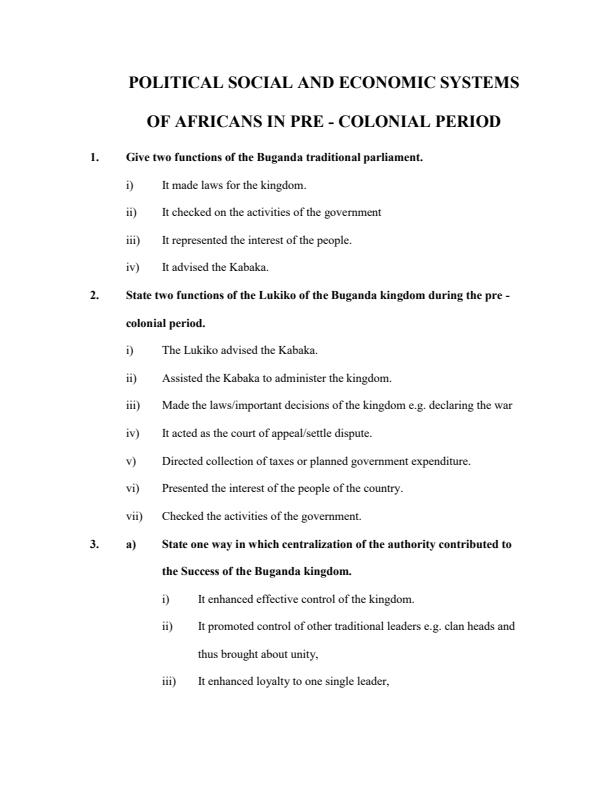 Page 1 – Political, Social and Economic Systems of Africans in Pre-Colonial Period Topical Questions and Answers – Kenyaplex